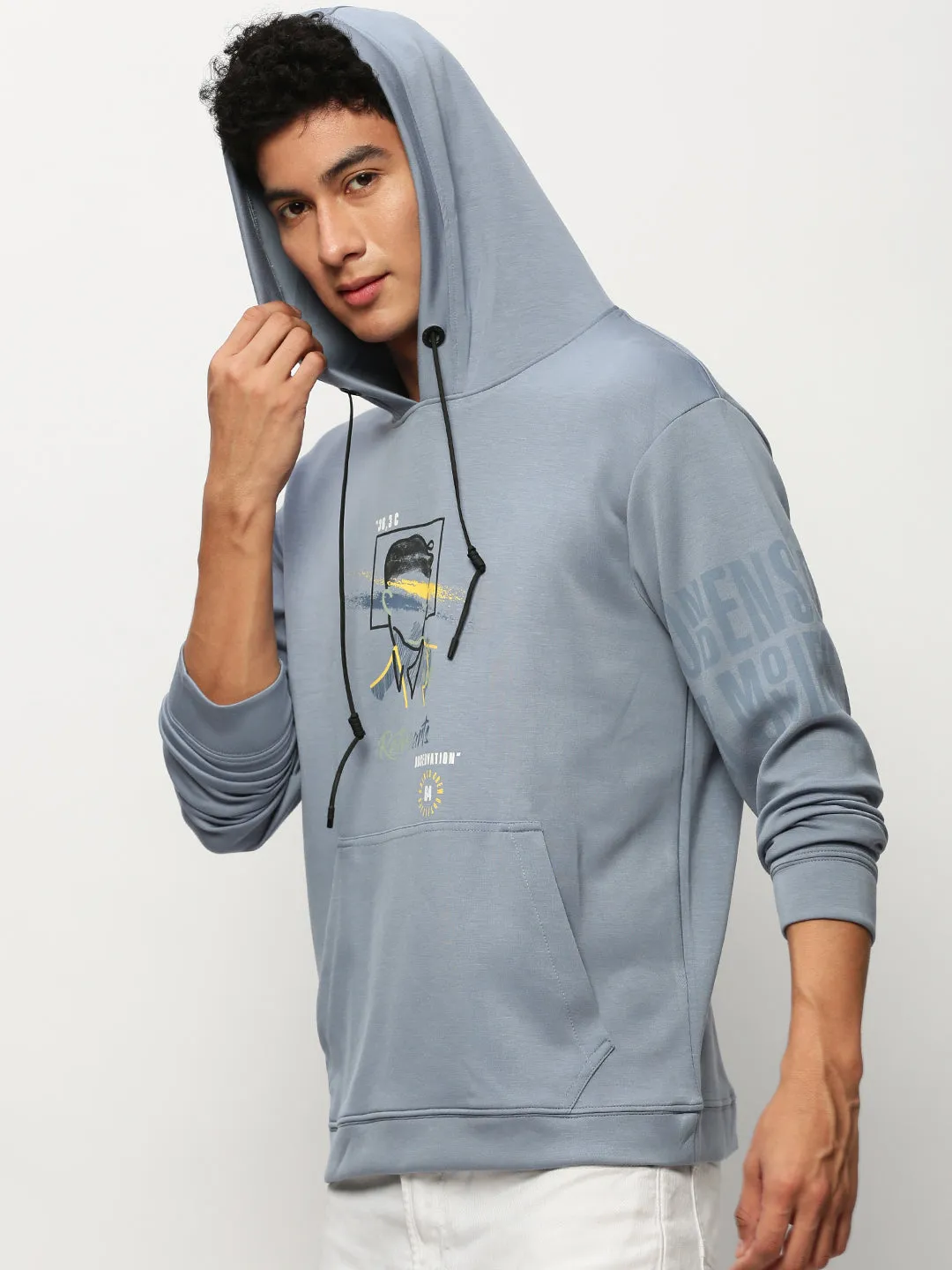 Men's Blue Graphic Printed Hooded Cotton Sweatshirt Trendy Layer
