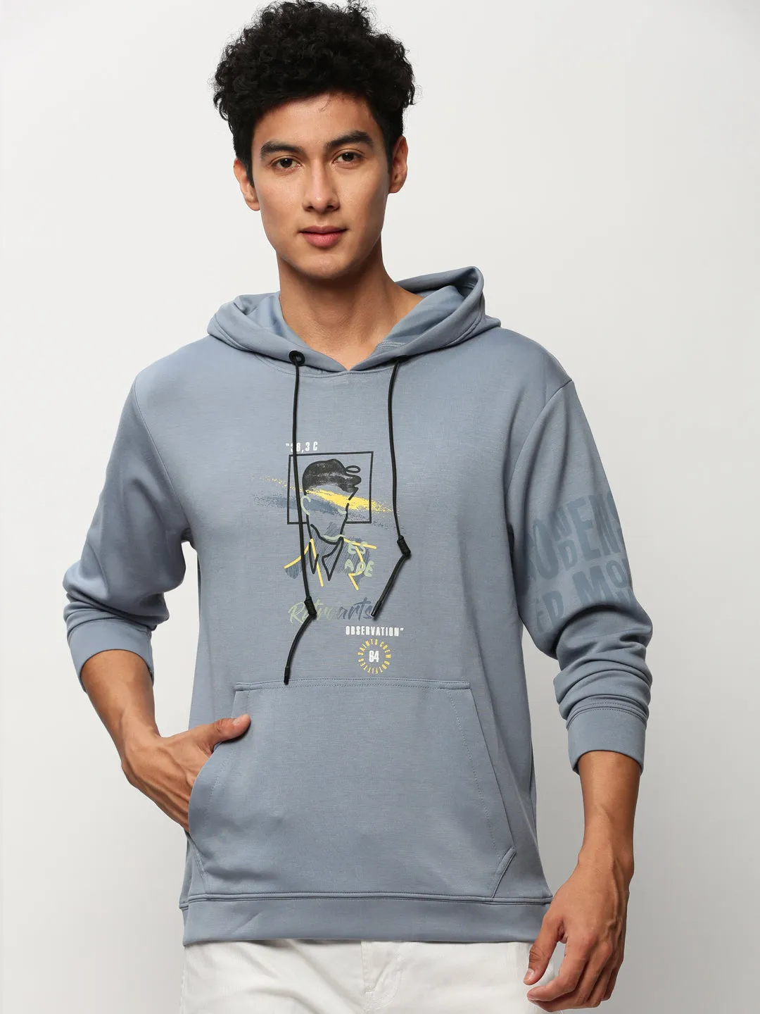 product high end luxury Men's Blue Graphic Printed Hooded Cotton Sweatshirt
