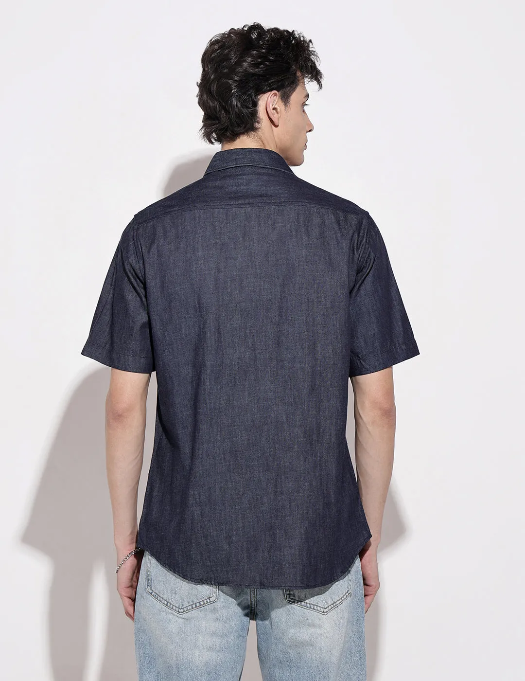 Men's Blue Half Sleeve Casual Button-Down Shirt with Chest Pockets Organic Cotton Certification Beach Ease