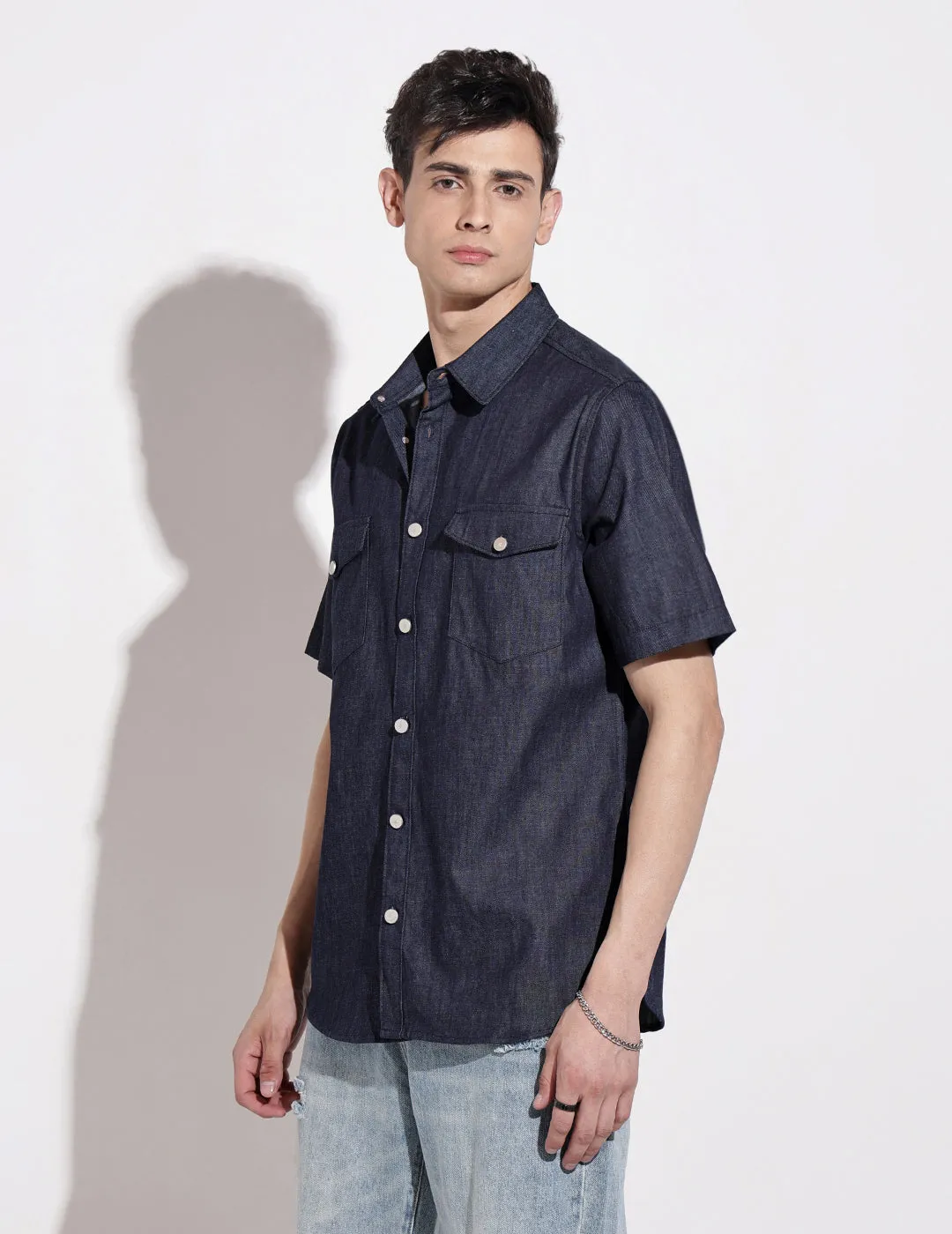 Men's Blue Half Sleeve Casual Button-Down Shirt with Chest Pockets Basic Core SnagFree Fabric