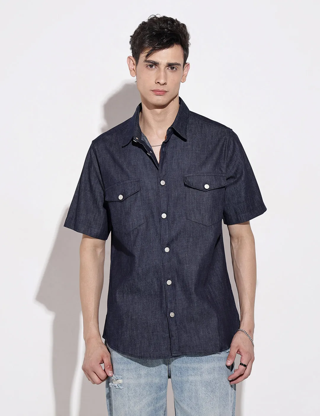 SmoothGripFastenings HeavyDuty Zipper Men's Blue Half Sleeve Casual Button-Down Shirt with Chest Pockets