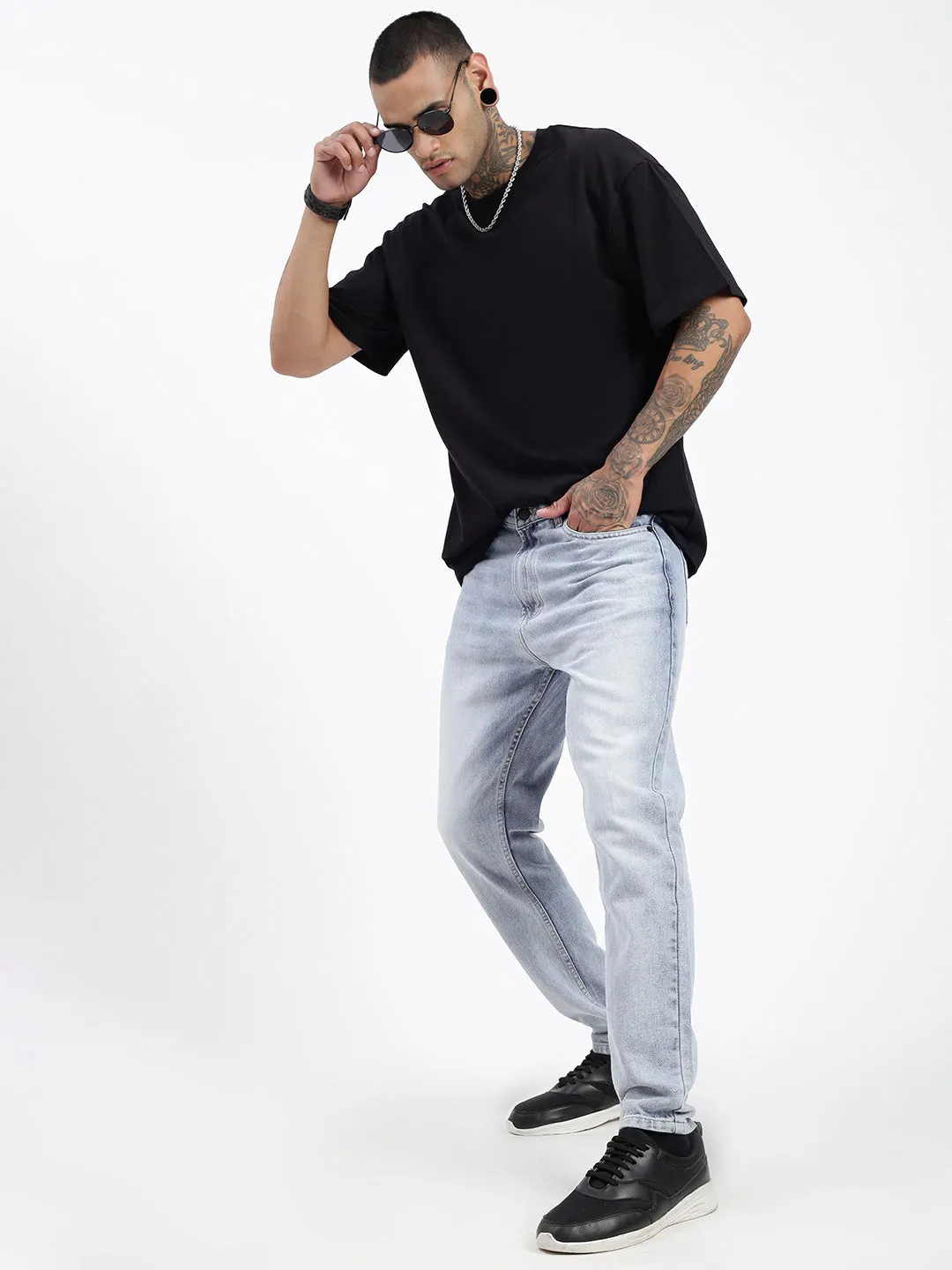 Men's Blue Light Acid Wash Relaxed Fit Jeans Lightweight Urban Explorer Outfit Plan