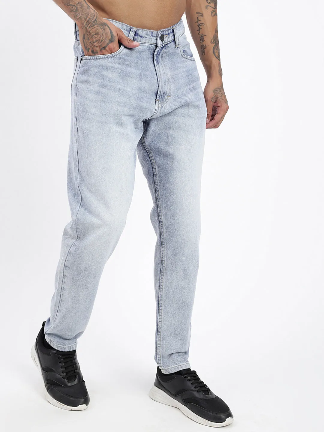 Hidden Rivet Details Shopping Day Vibrant Office Wear Men's Blue Light Acid Wash Relaxed Fit Jeans