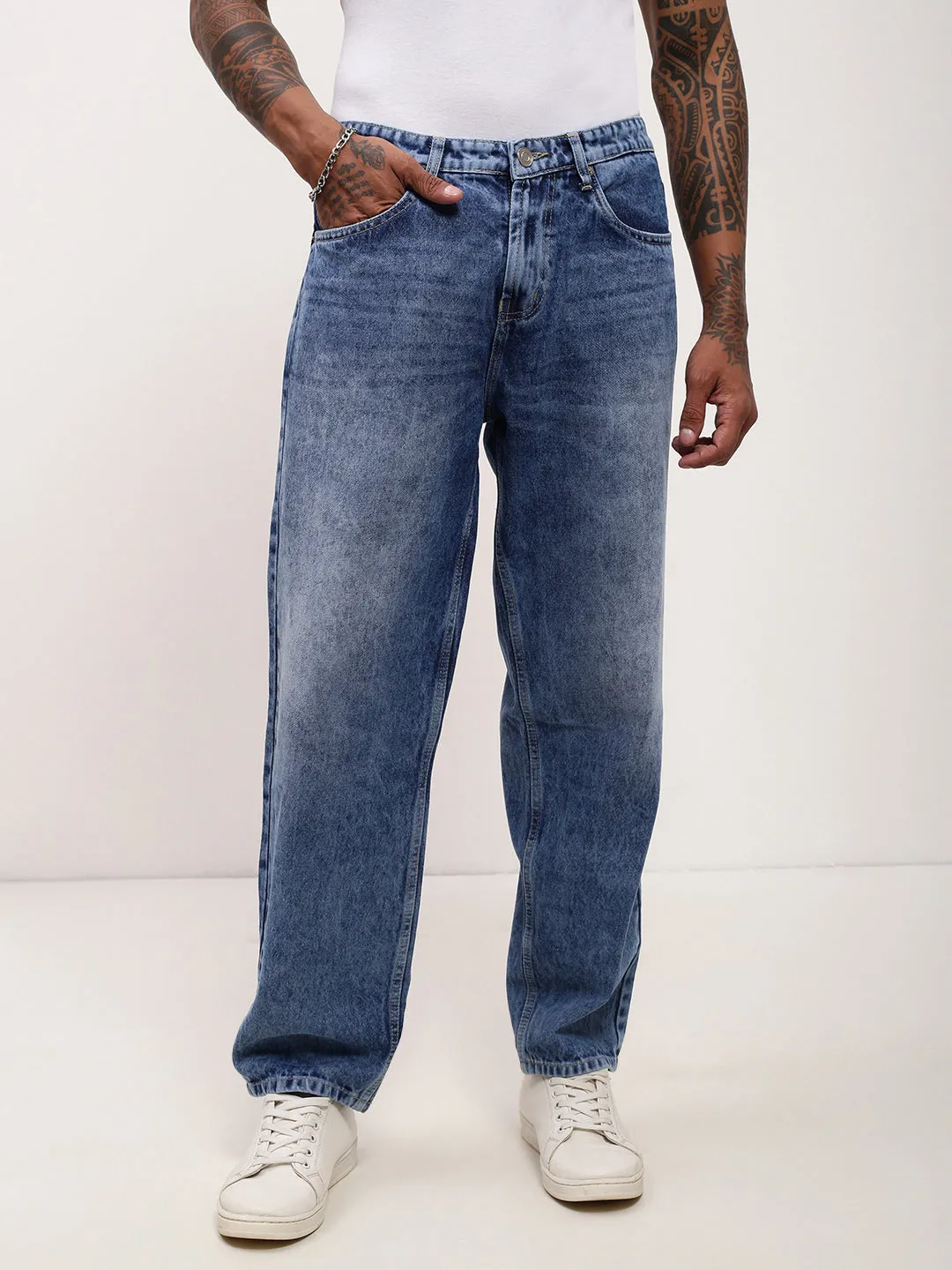 Men's Blue Low-Rise Light Fade Baggy Jeans High-waisted