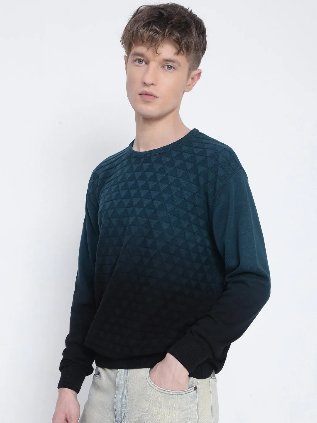 Ribbed Structure Low Impact Dye Men's Blue Ombre Textured Sweater
