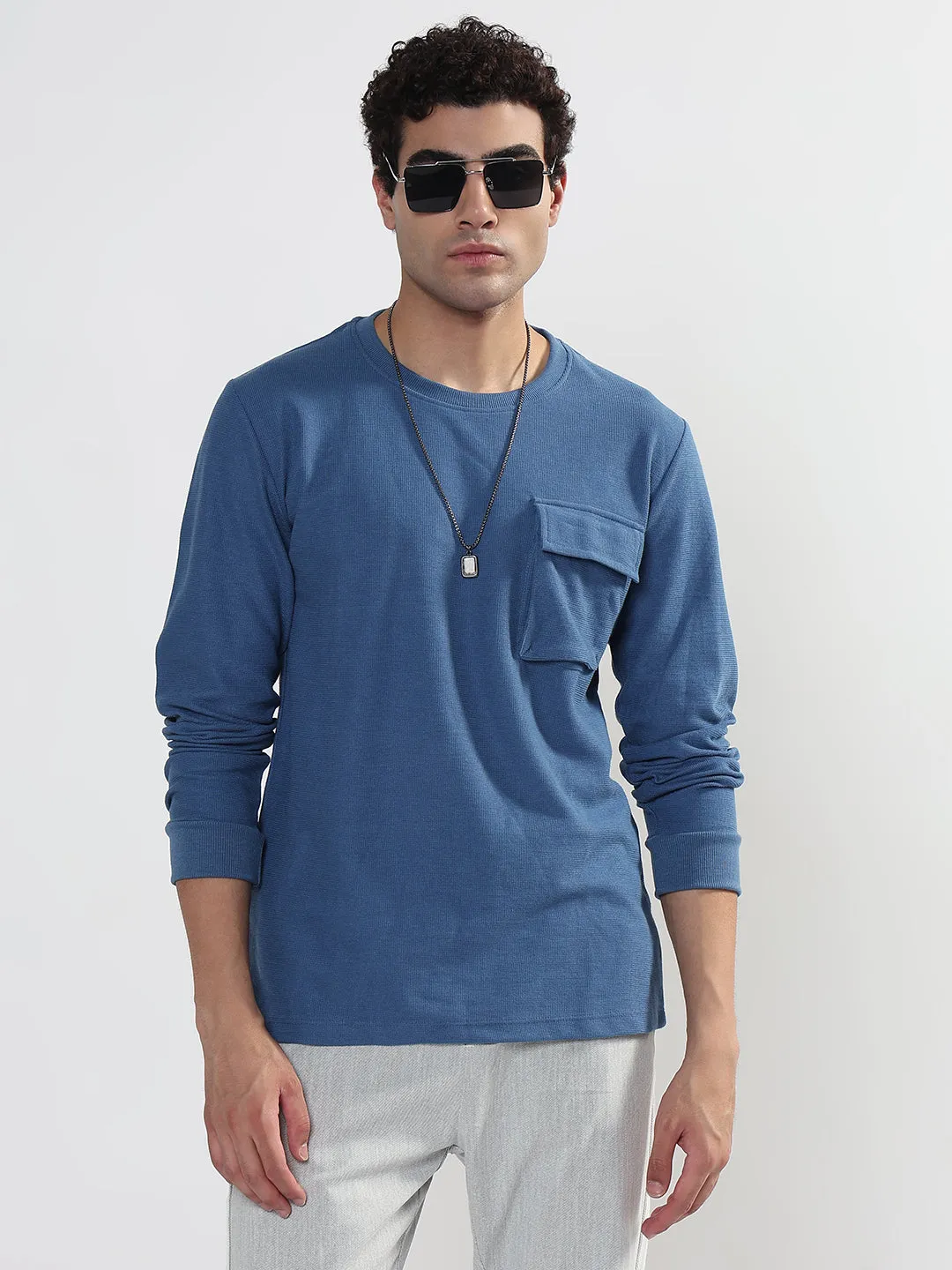 Men's Blue Regular Fit T-Shirt with Single Pocket Cozy Style