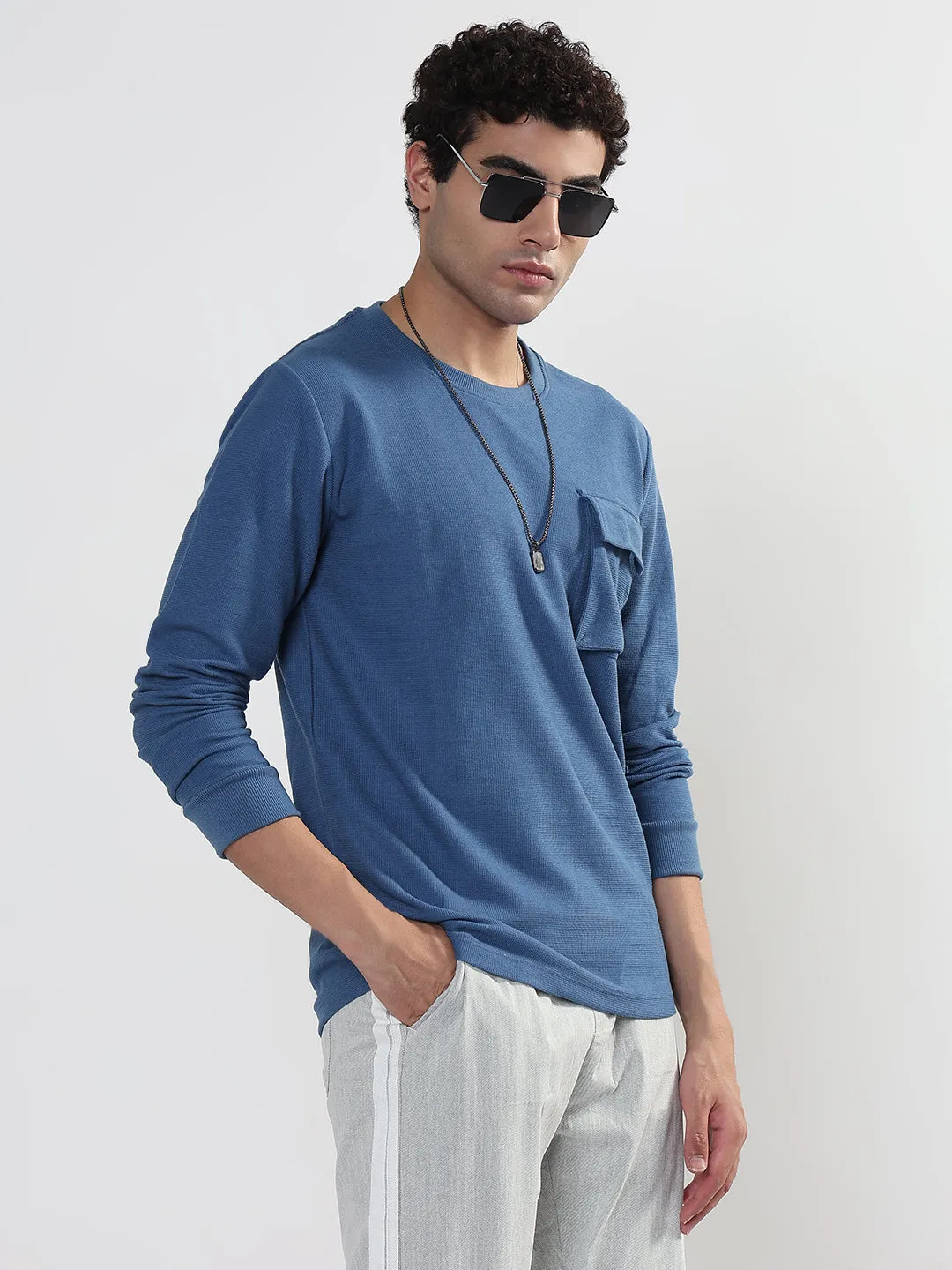 Men's Blue Regular Fit T-Shirt with Single Pocket WrinkleResistantFabric Stage Soul