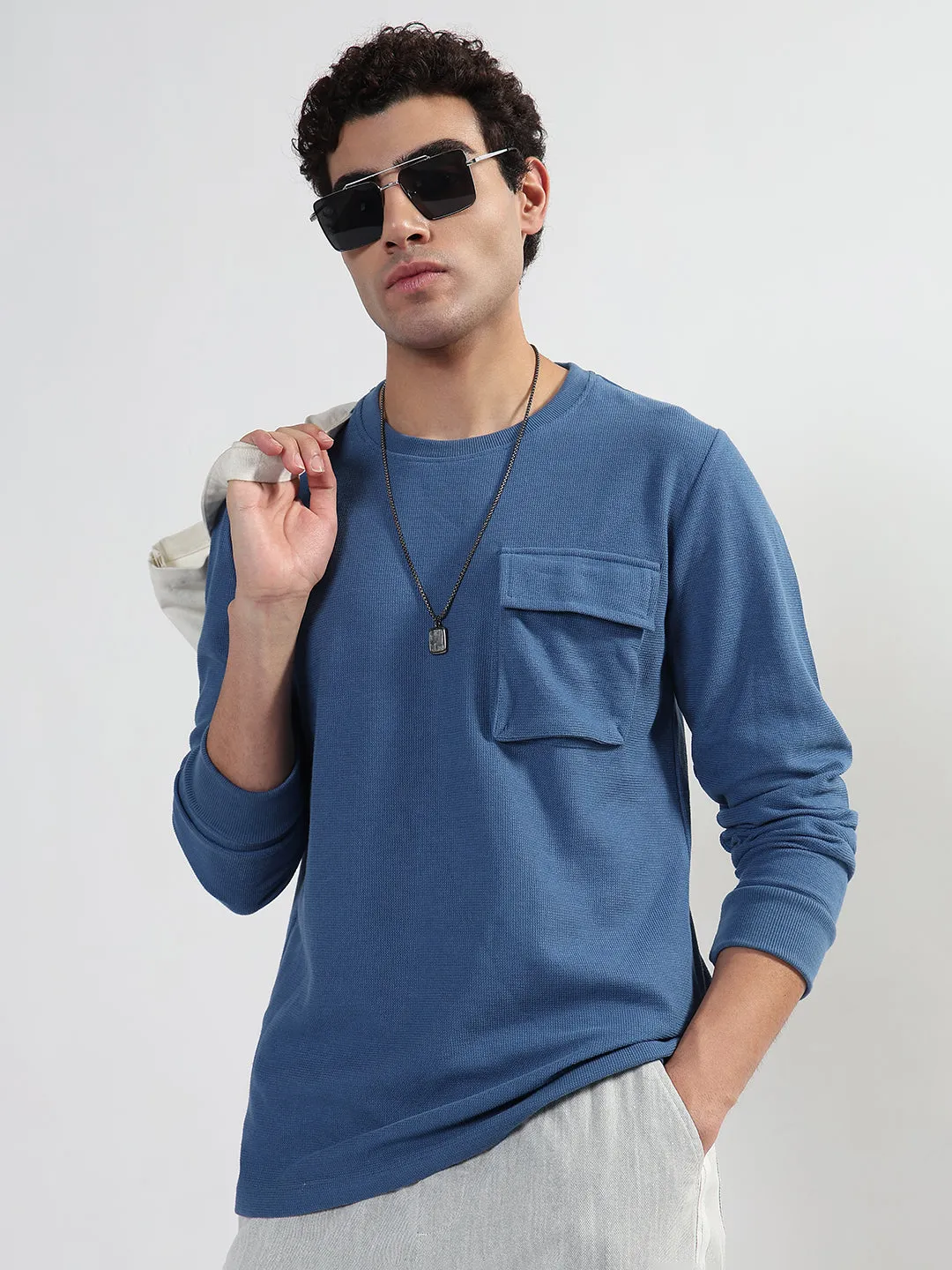 ComfortWaistband Moon Beam Men's Blue Regular Fit T-Shirt with Single Pocket