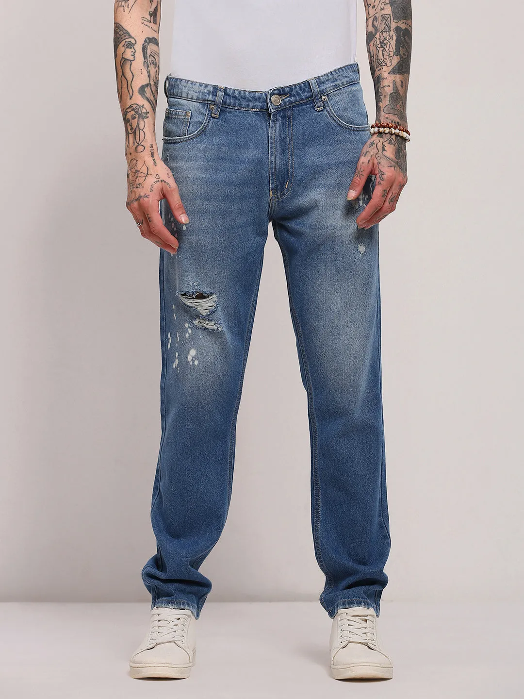 Neutral Smooth Men's Blue Ripped and Splattered Relaxed Fit Jeans