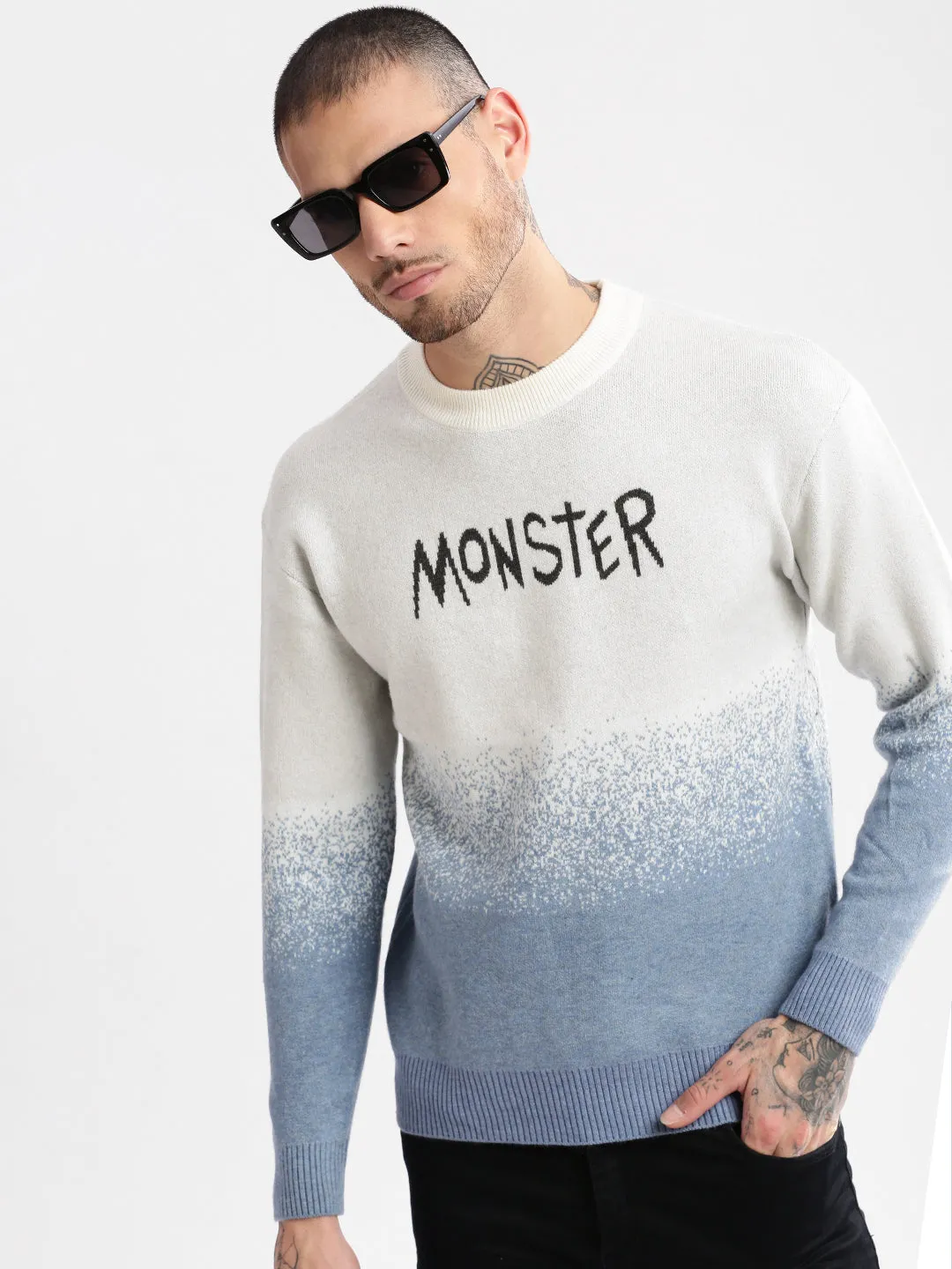 Men's Blue Round Neck Long Sleeves Typography Printed Pullover Essential Layer