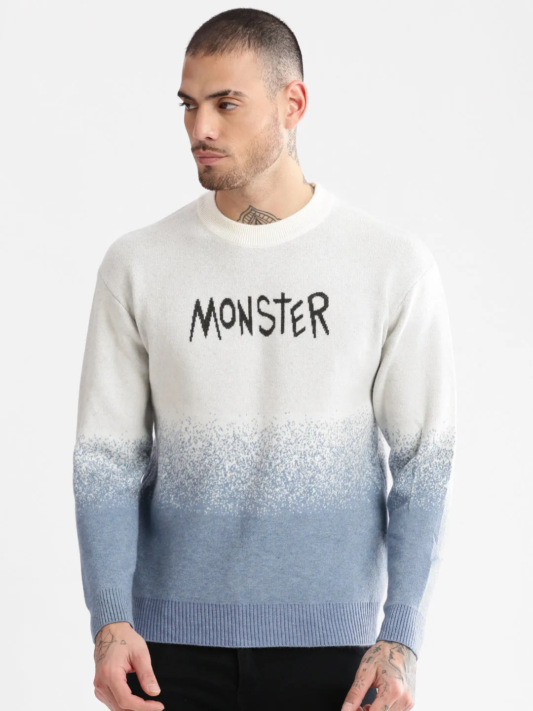 Men's Blue Round Neck Long Sleeves Typography Printed Pullover Luminous Thread Accents Quick Dry Weaving