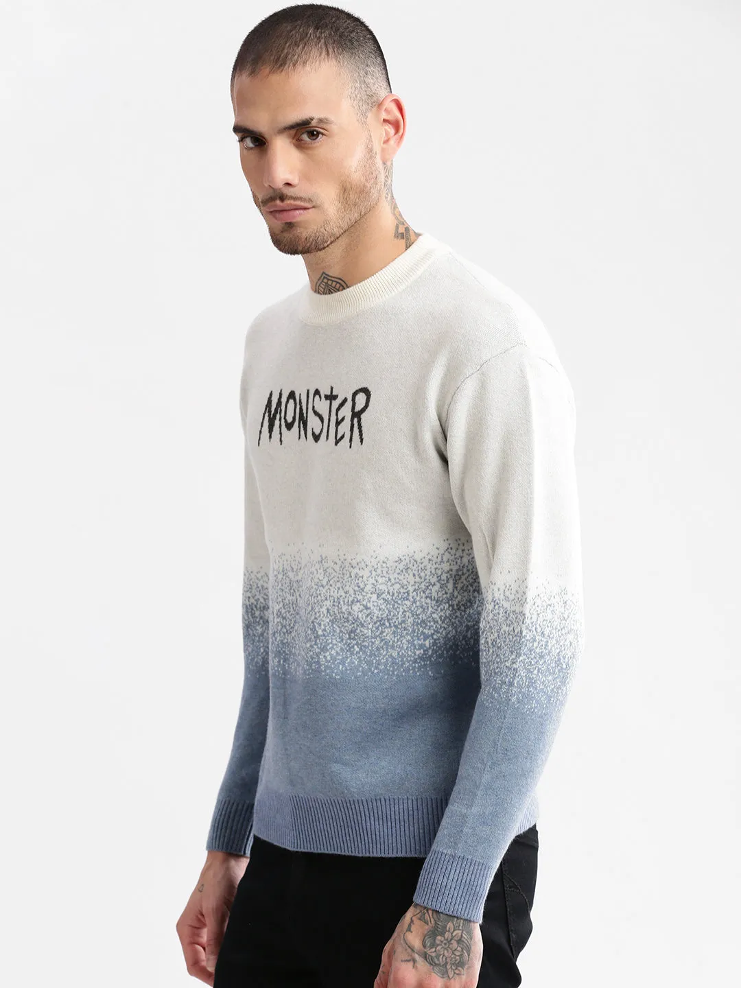 FadeResistant Yarn Simple Layered Men's Blue Round Neck Long Sleeves Typography Printed Pullover