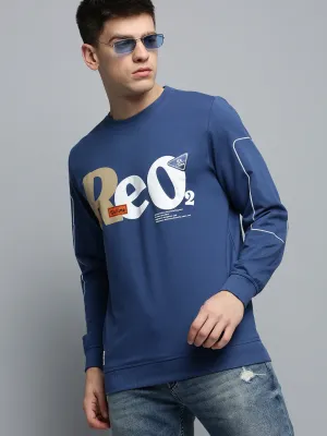 Fashionable Design Men's Blue Round Neck Typographic Printed Sweatshirt