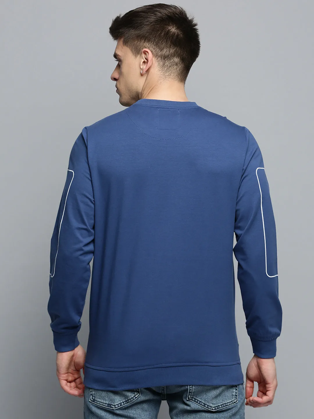 Cozy Design Men's Blue Round Neck Typographic Printed Sweatshirt