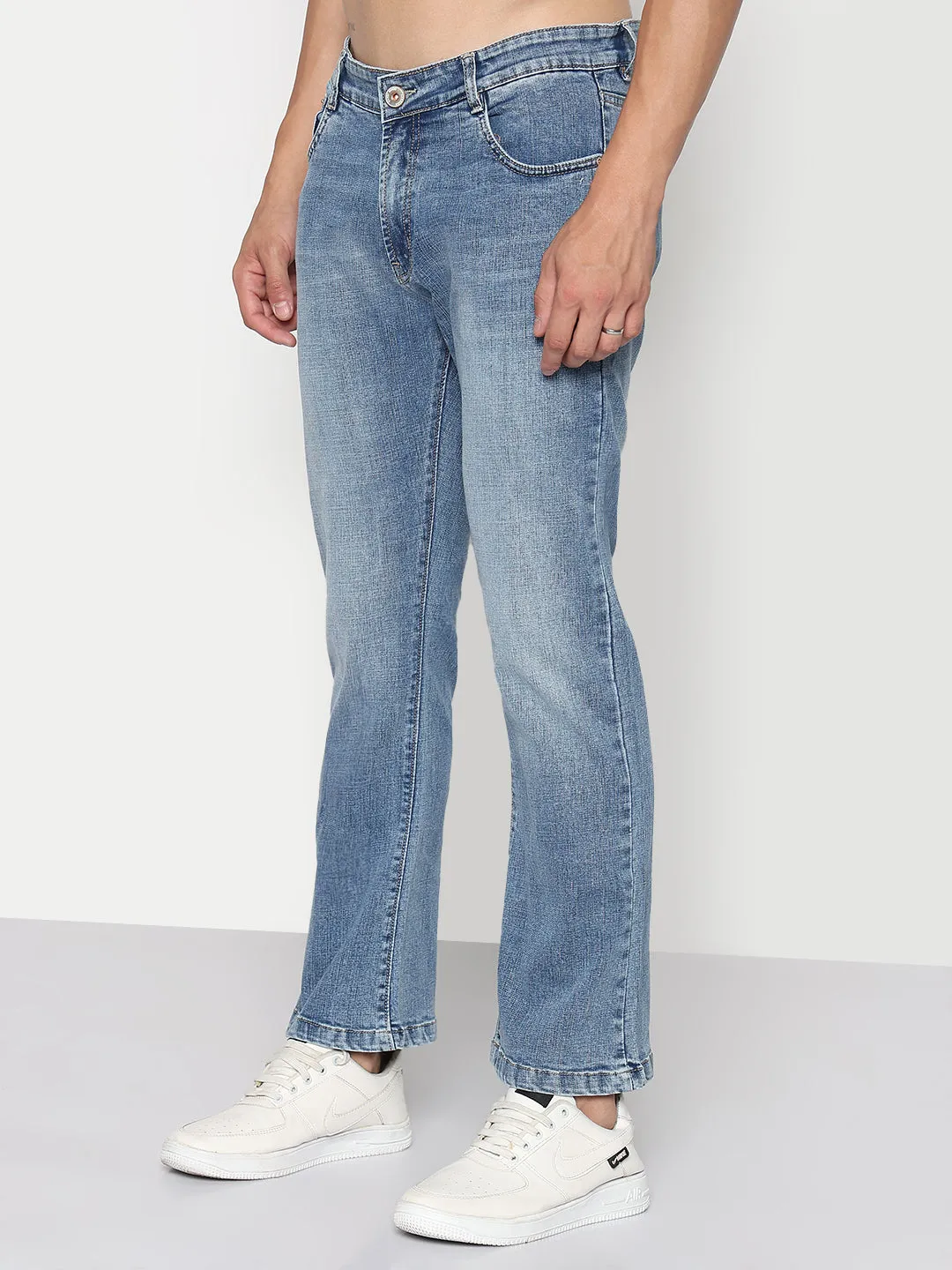 Men's Blue Slim Fit Flared Jeans Fashionable Look Perfect Length Design