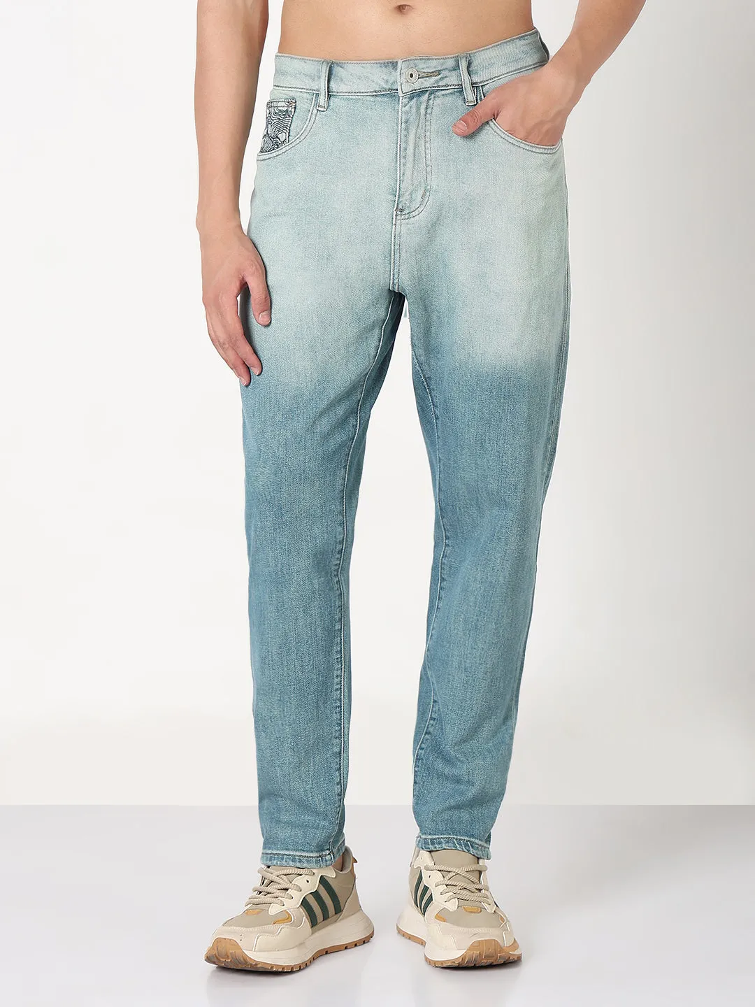 Men's Blue Slim Fit Ombre Jeans with Embroidered Pocket Urban Look