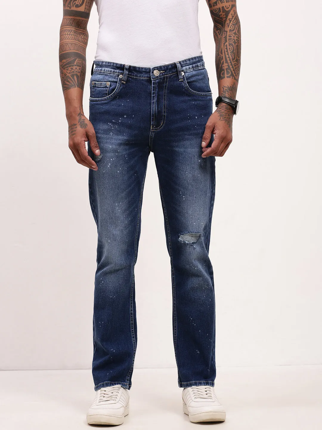 Weekend Warrior Elegant Professional Wear Artist Vibe Men's Blue Solid Comfort Straight Fit Mildly Distressed Jeans