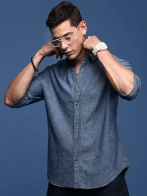 World Tone Men's Blue Solid Cotton Standard Slim Fit Casual Shirt