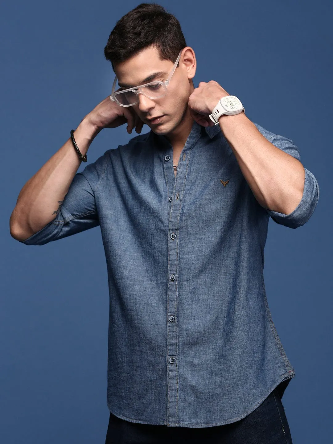 World Tone Men's Blue Solid Cotton Standard Slim Fit Casual Shirt