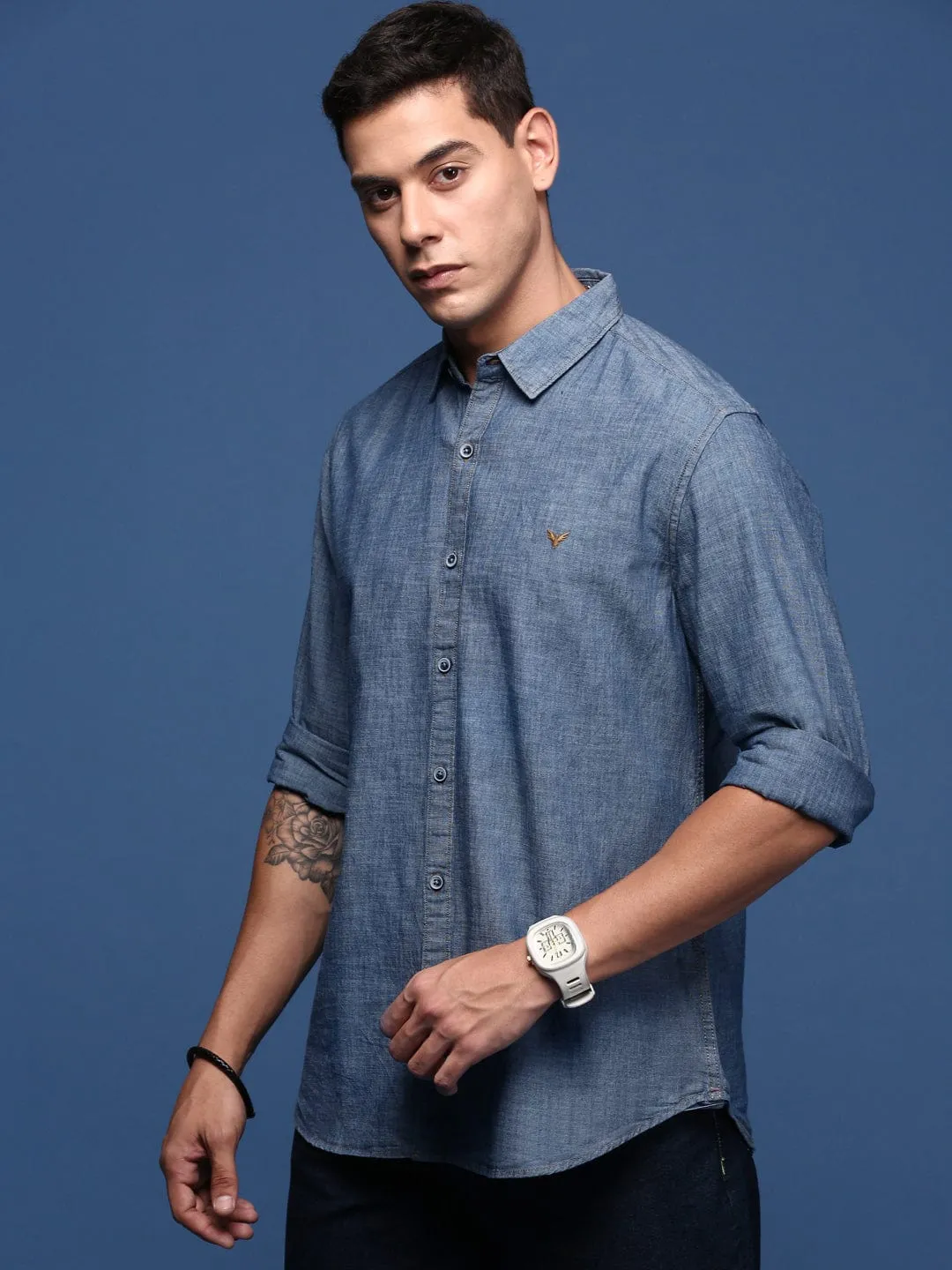 ReinforcedKnees Men's Blue Solid Cotton Standard Slim Fit Casual Shirt