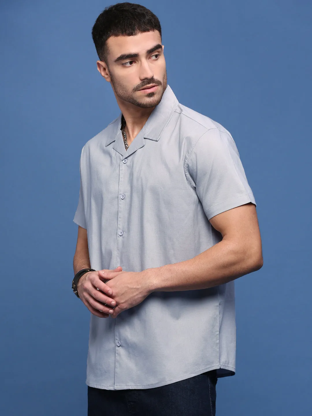 Smooth Line Men's Blue Solid Cuban Collar Opaque Casual Shirt