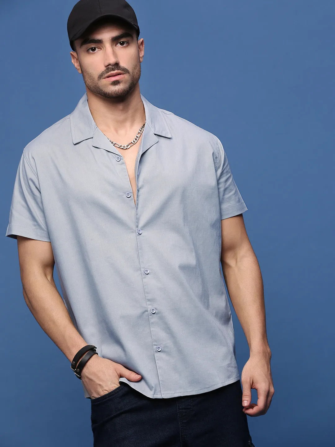 Men's Blue Solid Cuban Collar Opaque Casual Shirt TumbleDry Safe Antibacterial Finish