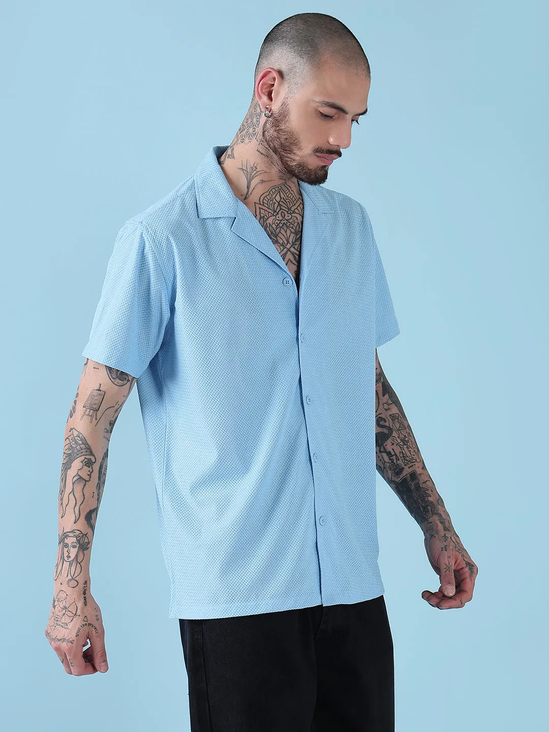 Men's Blue Solid Cuban Collar Relaxed Fit Shirt Wide Glow Travel Light