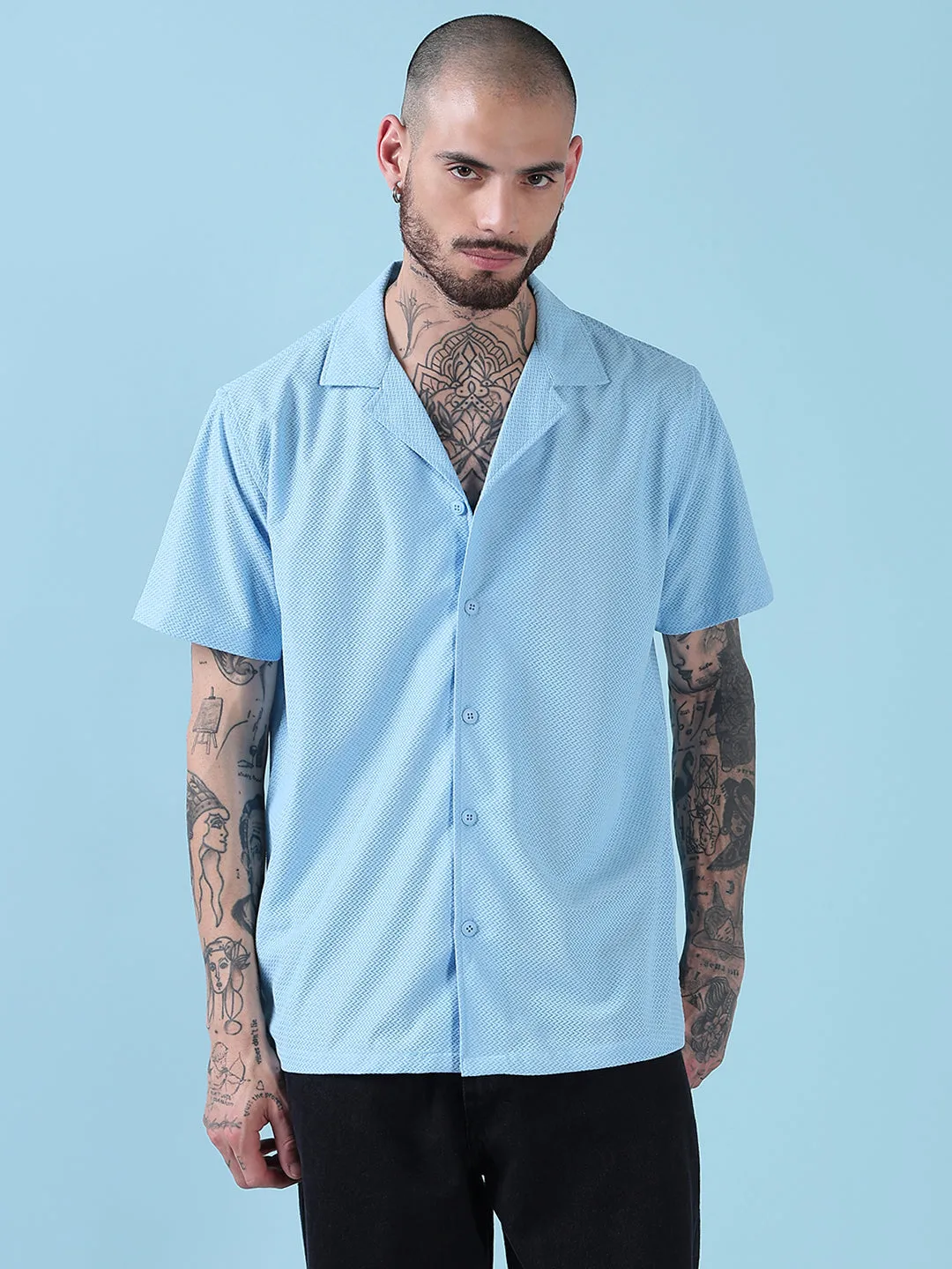Smooth Yarn Men's Blue Solid Cuban Collar Relaxed Fit Shirt