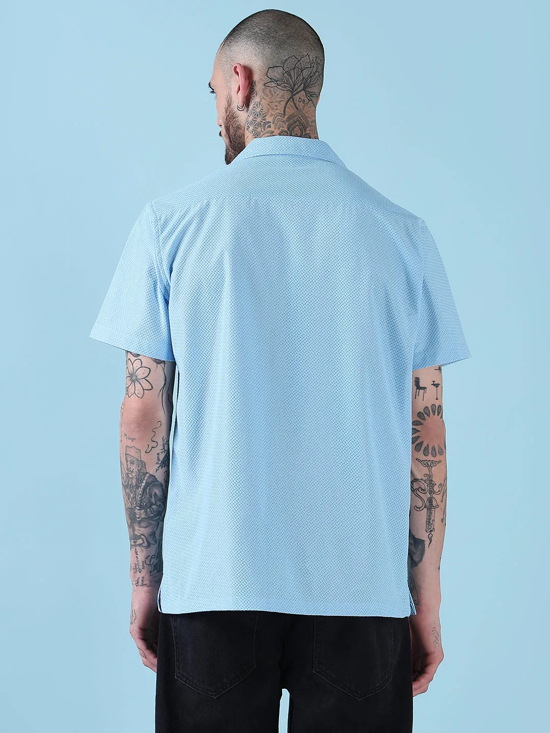 Men's Blue Solid Cuban Collar Relaxed Fit Shirt Stage Feel