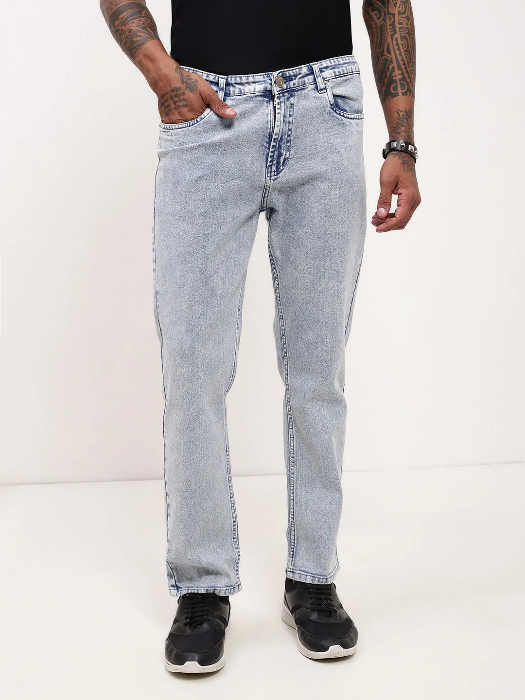 Men's Blue Solid Denim Straight Fit Jeans Clean Outfit