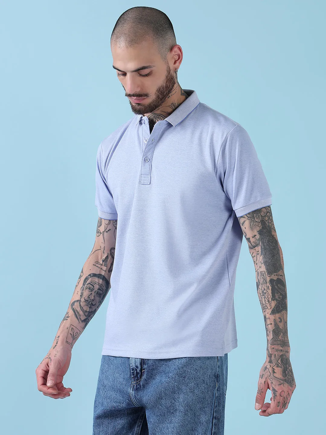 Men's Blue Solid Polo Collar T-Shirt ReflectiveTrims CompactFold
