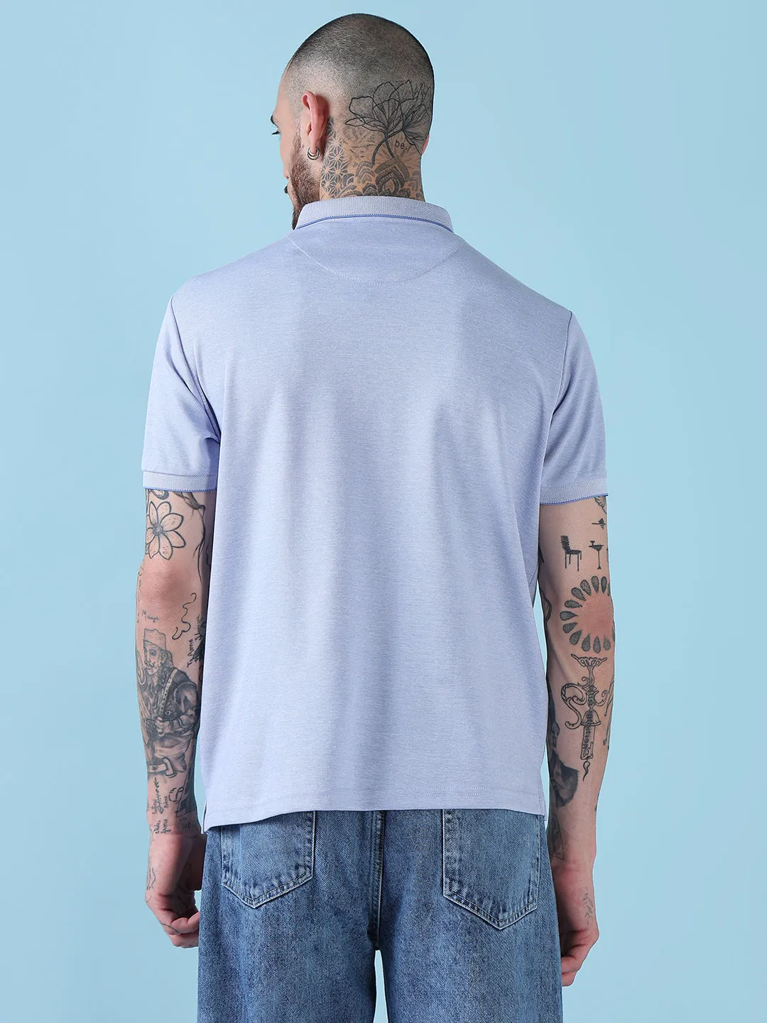 Men's Blue Solid Polo Collar T-Shirt ComfortWaistband