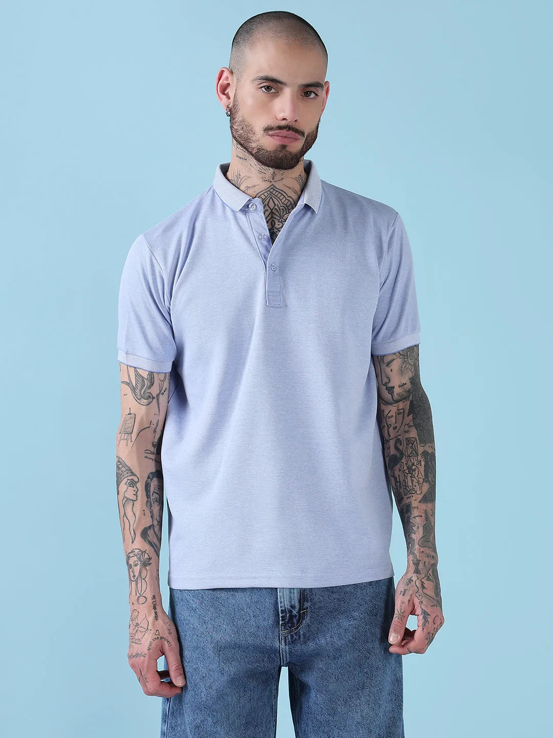 Men's Blue Solid Polo Collar T-Shirt Holiday Glow SnagResistant Weave