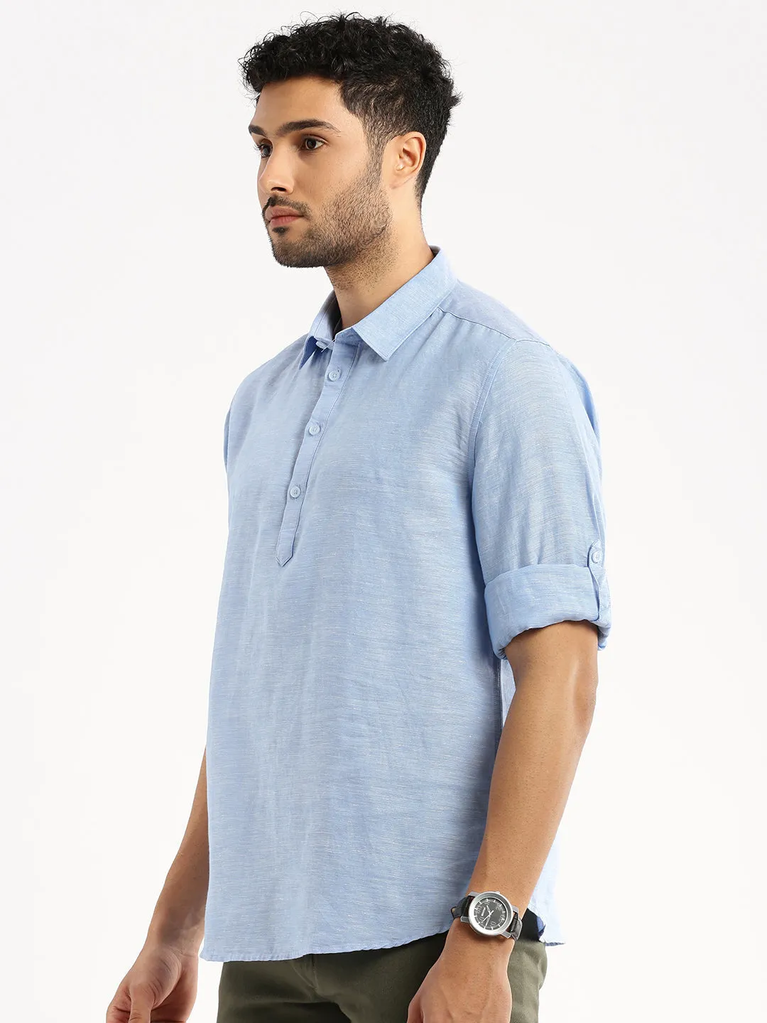 Relaxed T-shirt Match Fit Men's Blue Solid Shirt Collar Casual Short Shirt