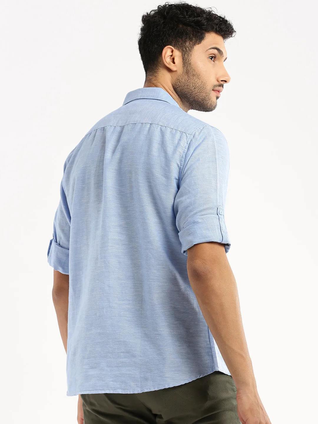 Focus Mood Men's Blue Solid Shirt Collar Casual Short Shirt