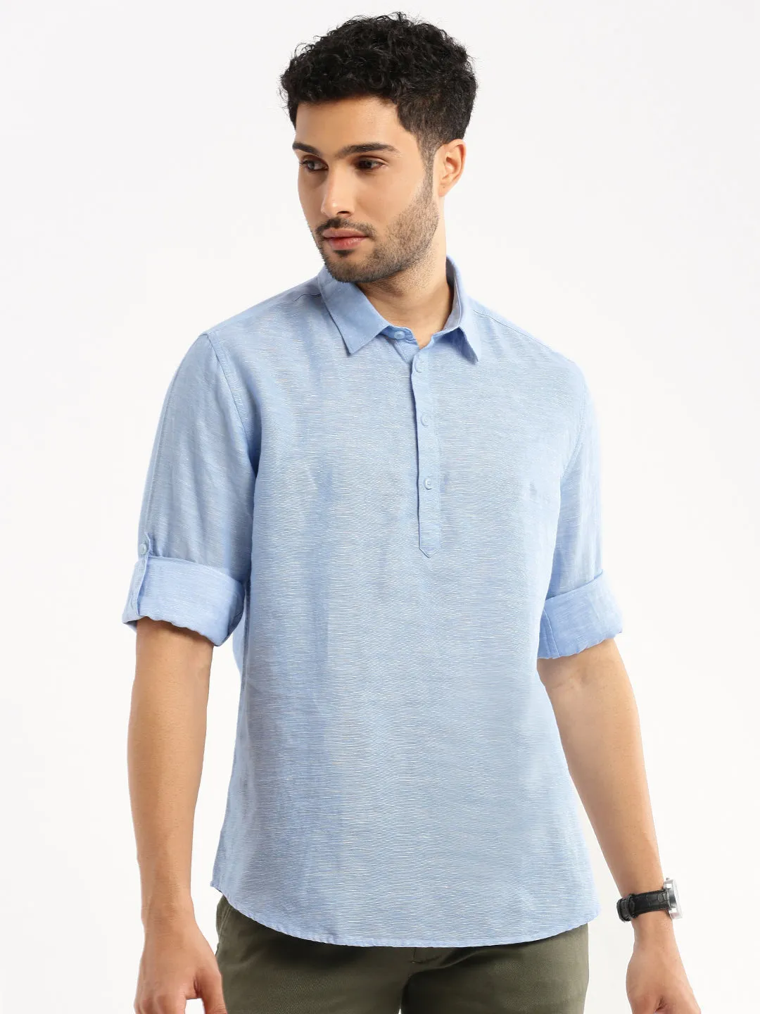 Men's Blue Solid Shirt Collar Casual Short Shirt Regal Glow