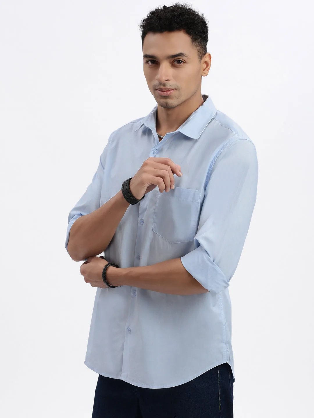 Men's Blue Solid Slim Fit Cotton Formal Shirt ShockAbsorbent Padding