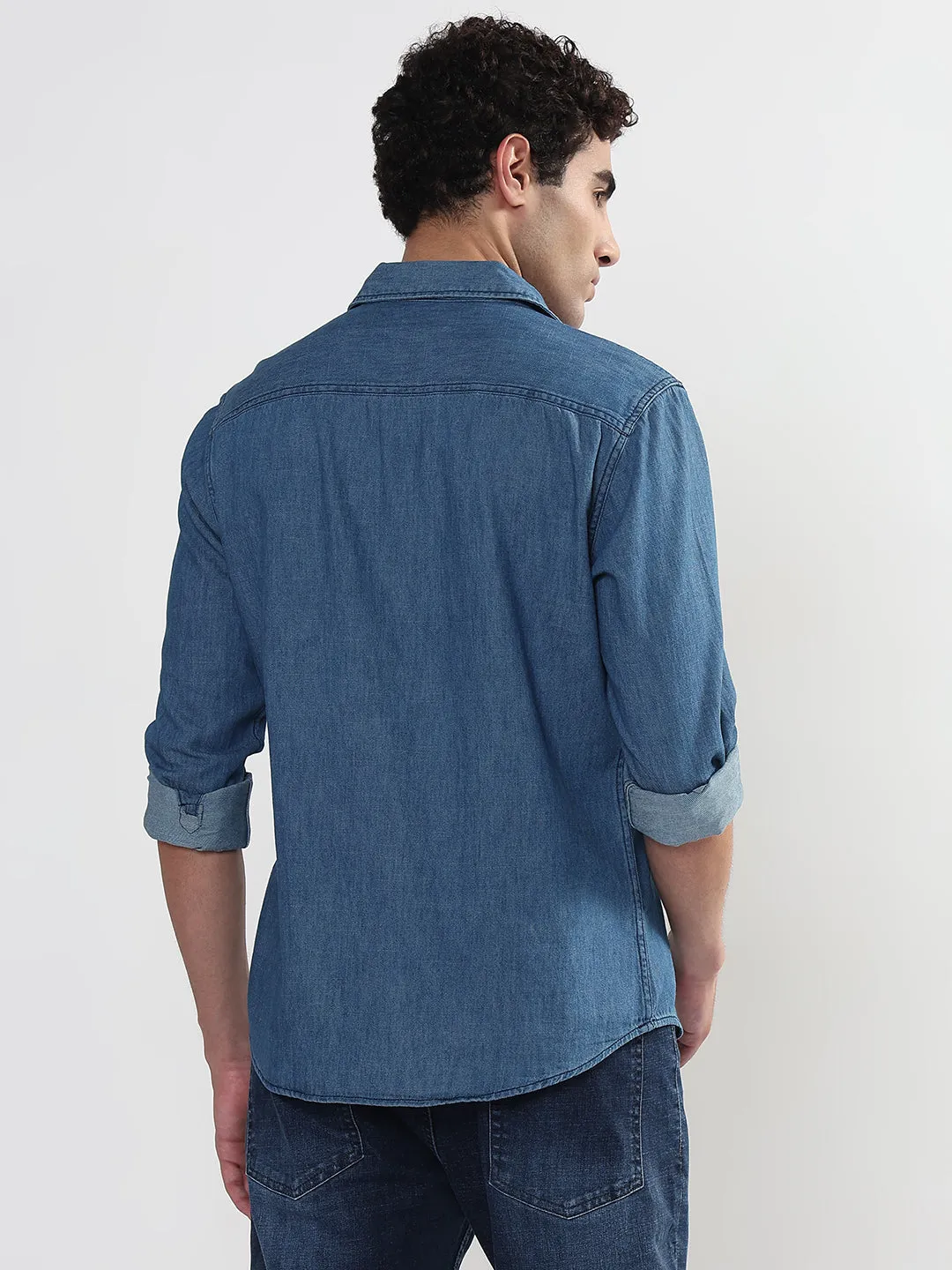 Men's Blue Solid Slim Fit Denim Shirt with Chest Pocket Chic Fit Windproof Outer Layer