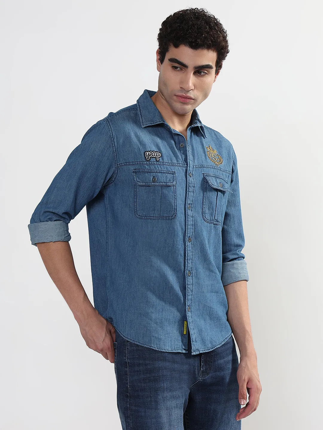 Unique Cut Concert Vibe Men's Blue Solid Slim Fit Denim Shirt with Chest Pocket