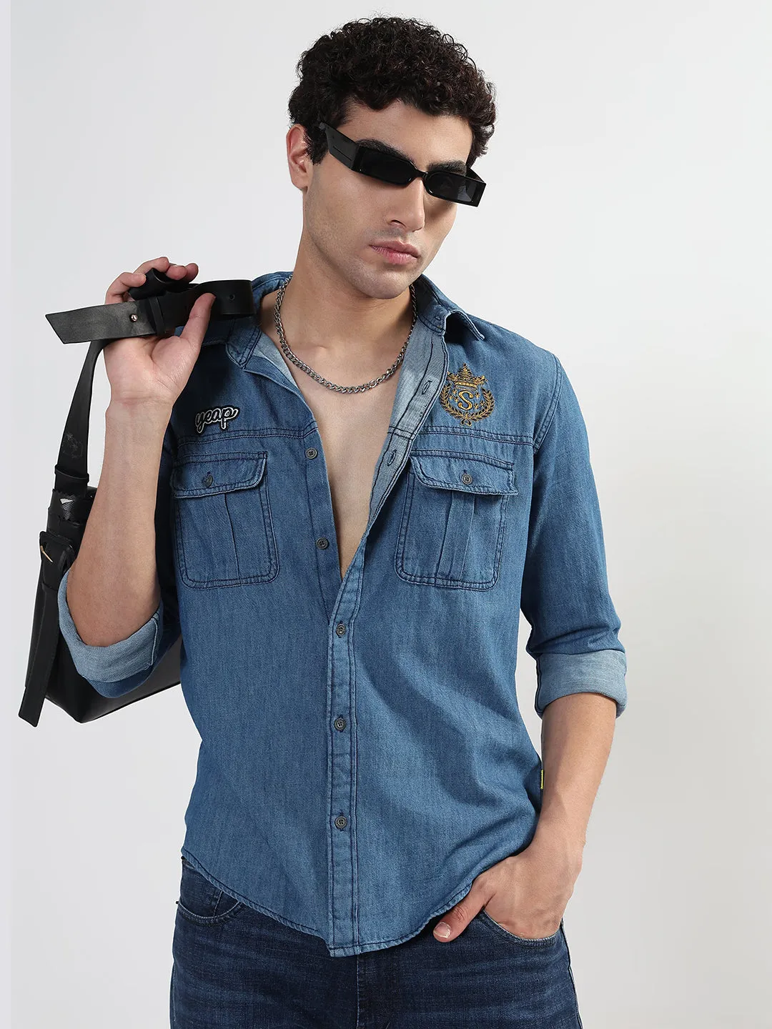Men's Blue Solid Slim Fit Denim Shirt with Chest Pocket Wild Mood