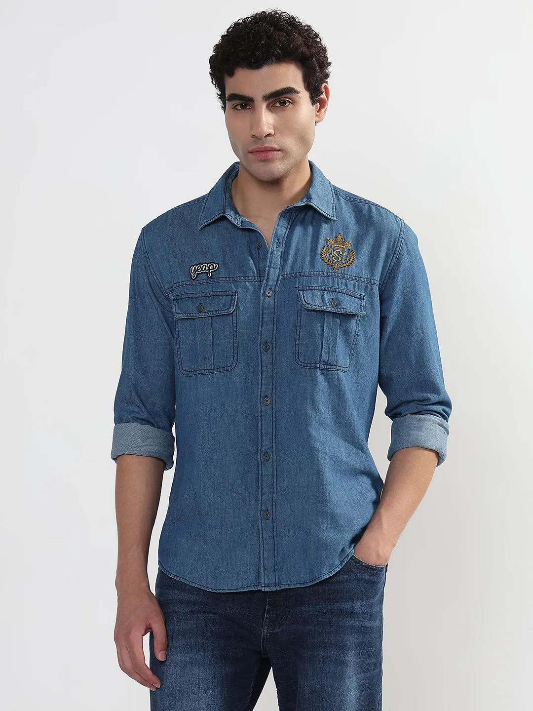 Men's Blue Solid Slim Fit Denim Shirt with Chest Pocket Saga Vibe CompactKnit