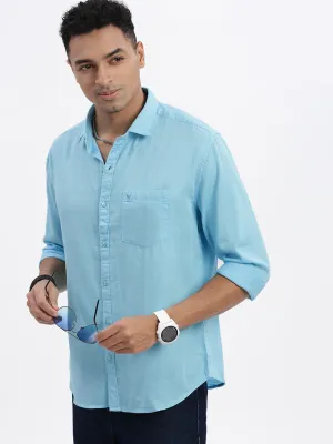 Music Mood WrinkleFree Material Men's Blue Solid Slim Fit Linen Shirt
