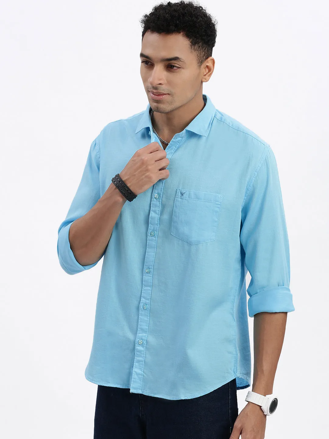 RecycledPolyester Men's Blue Solid Slim Fit Linen Shirt