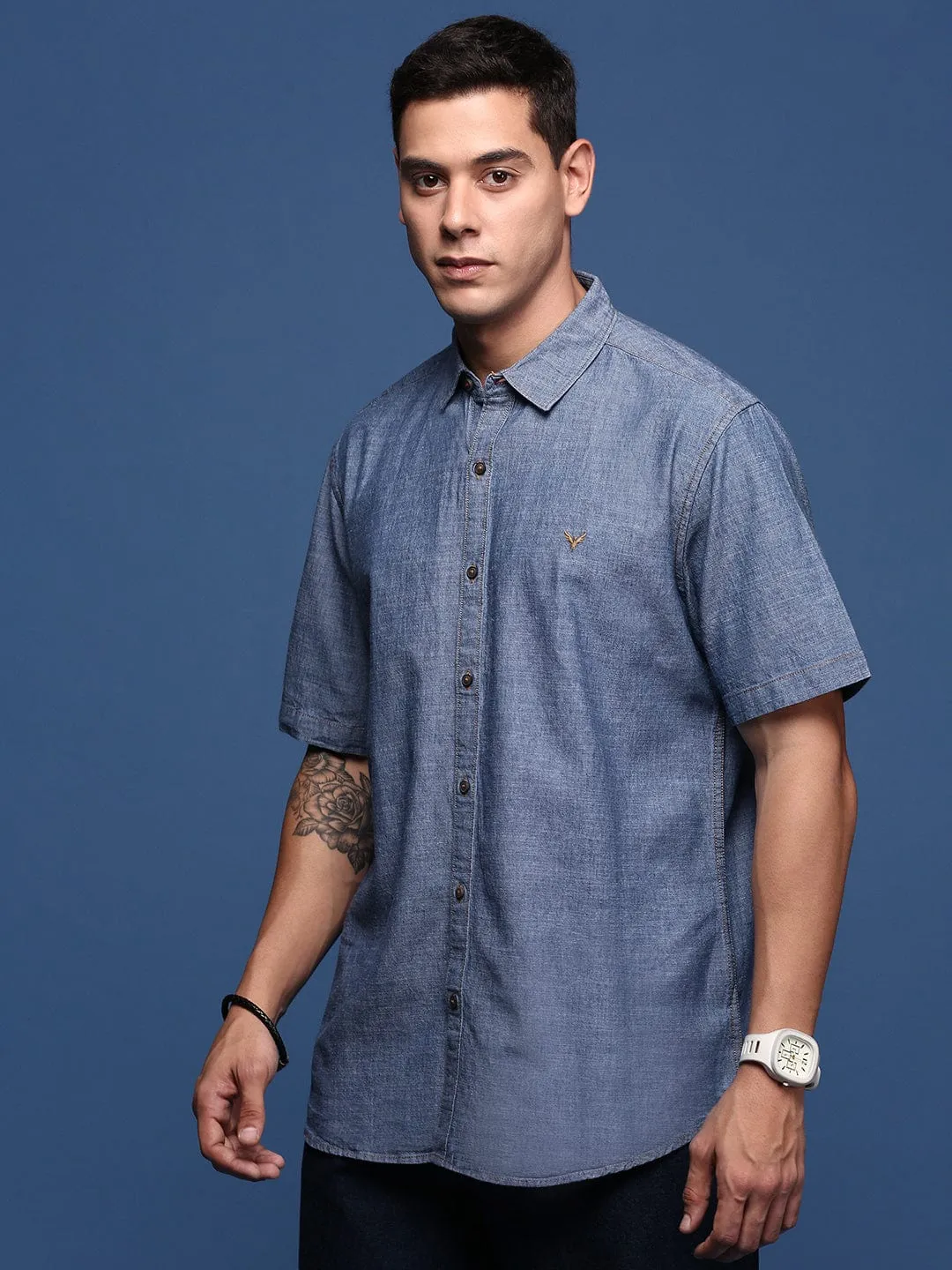 Men's Blue Solid Standard Slim Fit Opaque Casual Shirt Night Charm Stretch Fit