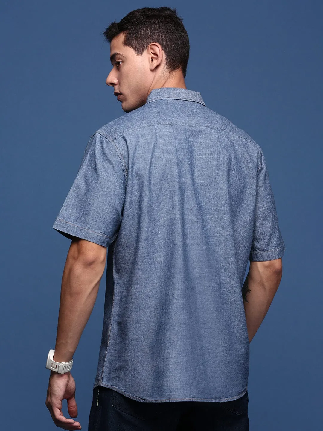 Men's Blue Solid Standard Slim Fit Opaque Casual Shirt AntimicrobialCoating Morning Ease