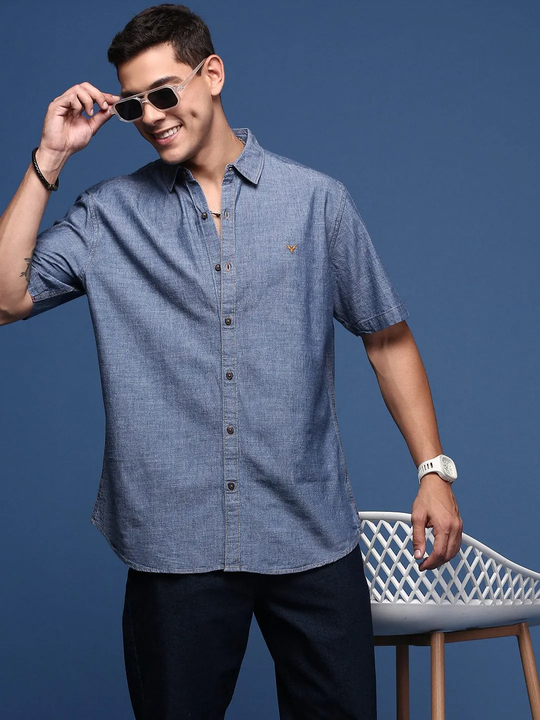 Men's Blue Solid Standard Slim Fit Opaque Casual Shirt Soft Core Flexible Fit