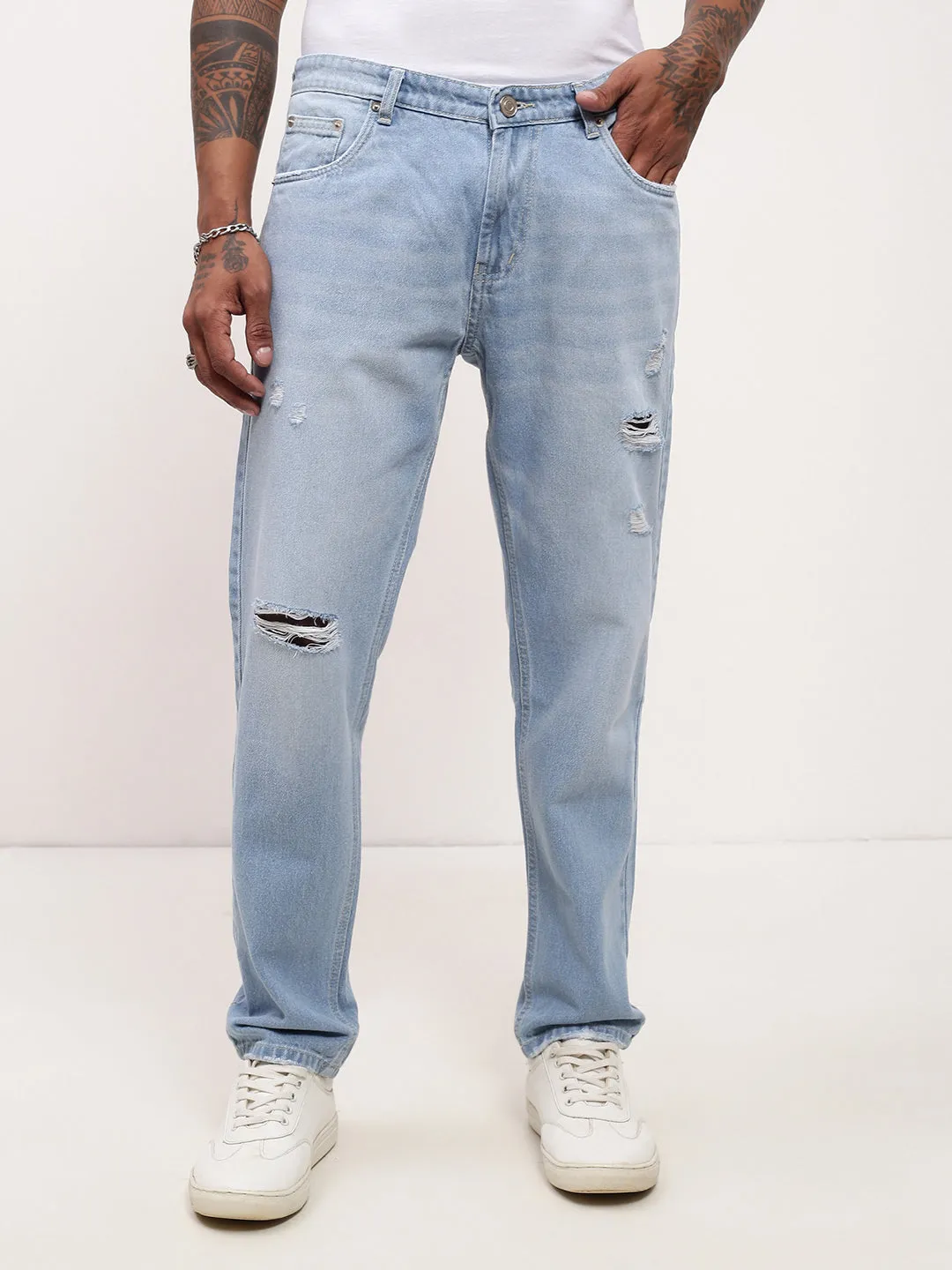 Soft Sustainable Men's Blue Solid Straight Fit Distressed Light Fade Jeans