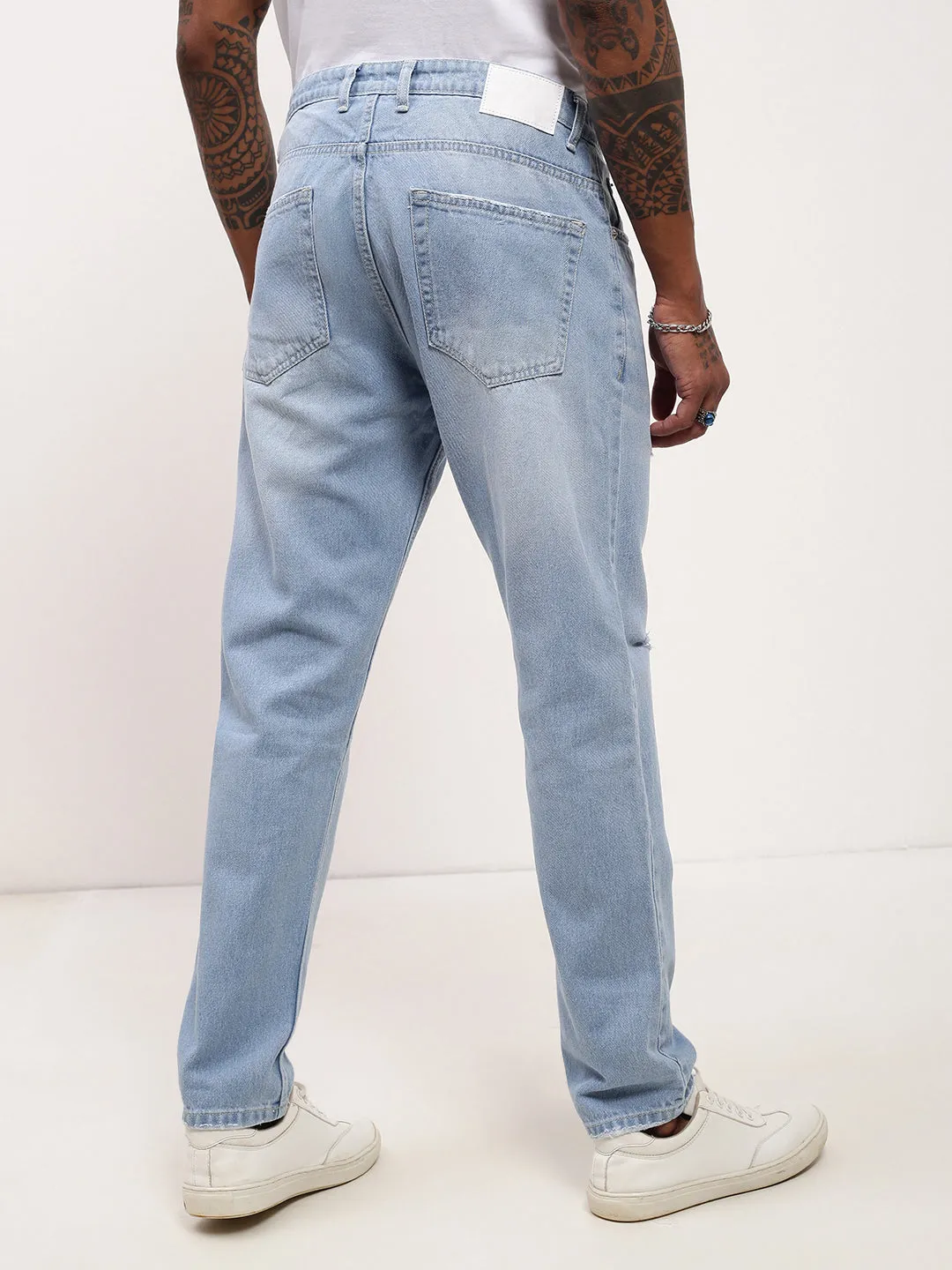 Men's Blue Solid Straight Fit Distressed Light Fade Jeans Eco Friendly Date Night True Comfort