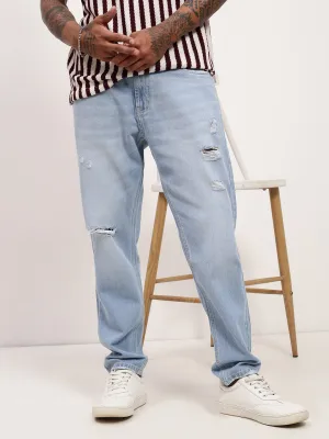 Durable Build Men's Blue Solid Straight Fit Distressed Light Fade Jeans