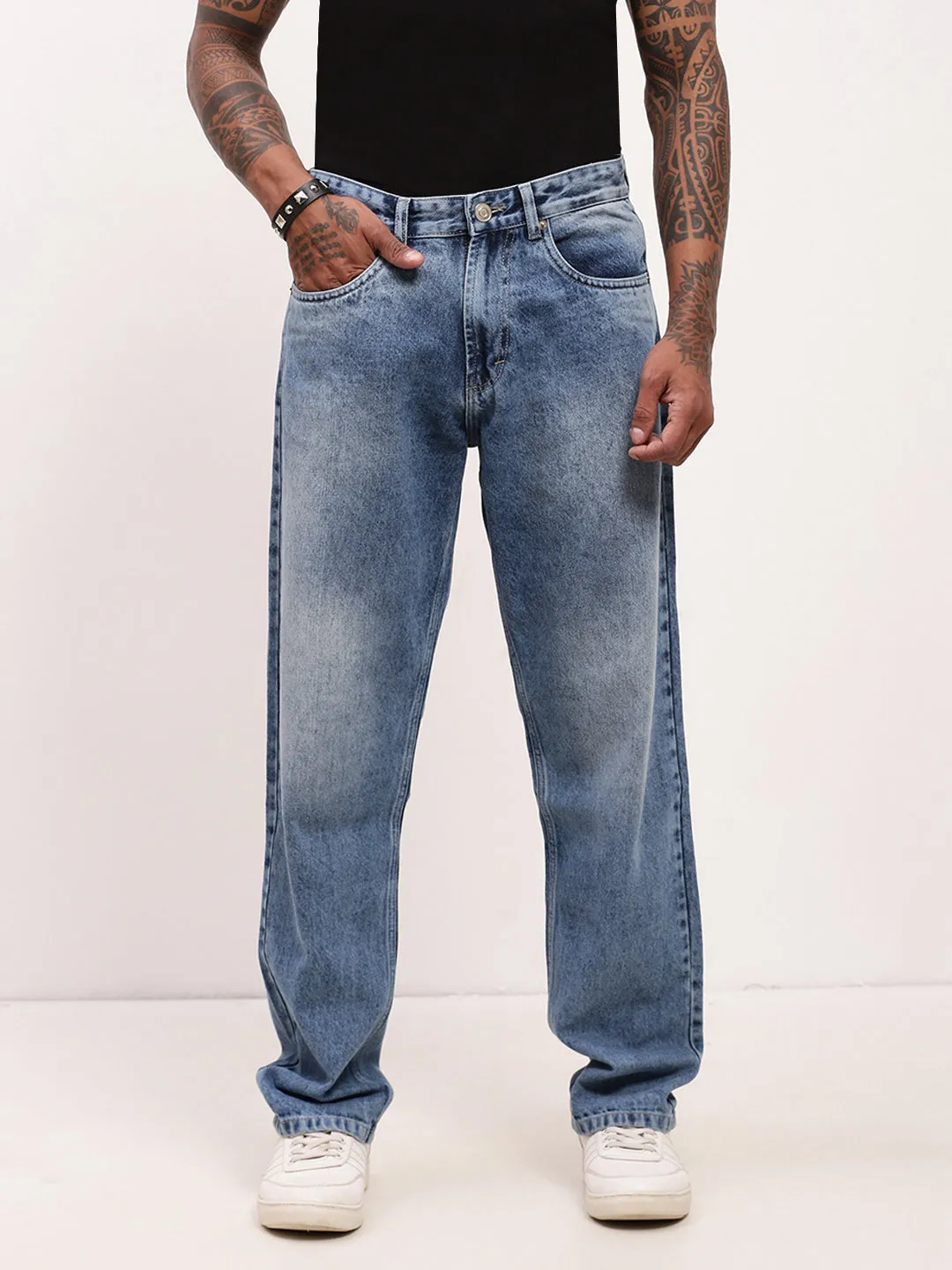 Men's Blue Solid Straight Fit Heavy Fade Jeans Timeless Look